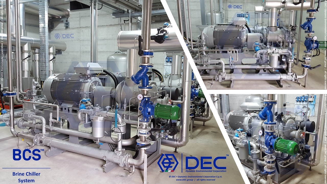 brine chiller system, R-717 ammonia | DEC • Dynamic Environmental Corporation Brine Chiller Systems, industrial chiller, glycol chiller, low temperature chiller, -12C to -30C, inverter controlled screw, screw compressor, frigorigenic fluid, ammonia chiller, propane chiller, carbon dioxide chiller, CO2chiller, R-134a, R-407C, R-410A, R-717, R1234ze, R-744, ODP compliant, GWP compliant, environmental regulations, water cooled chiller, air cooled chiller, process cooling, industrial refrigeration, energy efficient chiller, Solvent Recovery Unit, DEC.SRU, operating costs, solvent recovery, energy consumption, abatement efficiency, ROI, carbon footprint, GHG offset, industrial solvents, cost optimization, environmental compliance, capex, opex, BCS, DEC.BCS, DEC, Dynamic Environmental Corporation (DEC), DEC IMPIANTI, DEC HOLDING, DEC SERVICE, DEC ENGINEERING, DEC AUTOMATION, DEC LAB, DEC ANALYTICS, DEC Group
