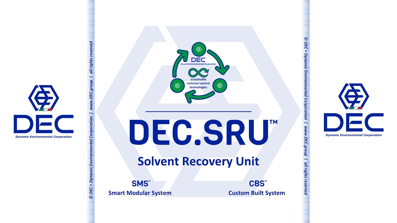 DEC.SRU™ solvent recovery (CBS™ series | Custom Built Systems ☸ SMS™ series | Smart Modular Systems) | DEC • Dynamic Environmental Corporation S.p.A. DEC, DEC IMPIANTI, DEC HOLDING, DEC SERVICE, DEC ENGINEERING, DEC AUTOMATION, DEC LAB, DEC ANALYTICS, SRU, SRS, SRP, SRE, e-SRU, Solvent Recovery Unit, Solvent Recovery System, Solvent Recovery Plant, Solvent Recovery Equipment, Solvent Recycling Equipment, Solvent Reclaiming Equipment, SMS, Smart Modular System, CBS, Custom Built System, VOC emission control, solvent recovery, solvent recovery process, solvent recycling, solvent reclamation, VOC recovery, VOC recovery process, VOC abatement, VOC emission control technology, VOC abatement systems, VOC recovery system, VOC recovery equipment, air pollution control, environmental compliance, BAT, Best Available Technique, BREF, IED, Industrial Emissions Directive, VOC capture, solvent purification, VOC treatment, solvent regeneration, distillation, solvent distillation, VOC recovery process, activated carbon, adsorbent, adsorption, full electric, desorption, distillation, residual, nitrogen, oxygen, oxidizer, thermal oxidation, regenerative thermal oxidizer, LEL monitoring, engineering, supply, turnkey, sustainable, innovation, decarbonization, low carbon emissions, ULEP, ultra low emission process, green deal, carbon reduction, low carbon, carbon neutrality, net zero, net-zero emissions, greenhouse gas mitigation, carbon footprint, carbon capture and storage, CCS, GHG, CO2, energy efficiency, chemical recycling, recycling, sustainability solutions, sustainability, reclaiming, carbon offset, circular economy, climate change, climate policy, climate action, environmental challenges, sustainable development, sustainability roadmap, solvent compatibility, efficiency, return of investment, ROI, cost, savings, cost reduction, TBL, triple bottom line, ESG