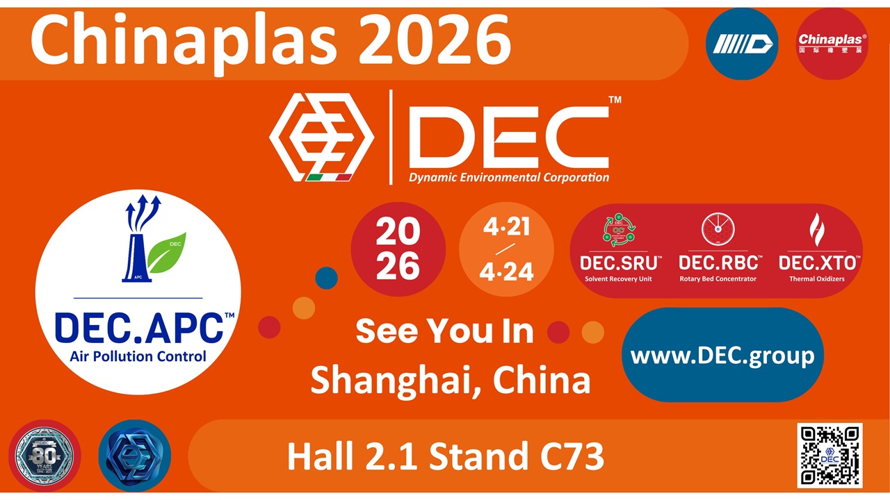 CHINAPLAS 2026, Shanghai, China, plastic, printing exhibition, packaging industry, VOC emission control, air pollution control, APC, sustainable solutions, green printing, environmental technology, industrial air purification, VOC emission control, solvent recovery, thermal oxidation, rotary bed concentrators, industrial emission control, emission control technologies, sustainable environmental solutions, environmental control systems, air pollution control, industrial solvent recovery, environmental engineering solutions, emission reduction technology, sustainable industrial technology, activated carbon solvent recovery, inert gas solvent recovery, customized VOC emission control systems, environmental compliance, sustainable technology, industrial air pollution, activated carbon, nitrogen regeneration, air quality improvement, pollution control equipment, EPC, Engineering, Procurement, Construction, impianti, VOC abatement systems, DEC, Dynamic Environmental Corporation (DEC), DEC IMPIANTI, DEC HOLDING, DEC SERVICE, DEC ENGINEERING, DEC AUTOMATION, DEC LAB, DEC ANALYTICS, DEC Group