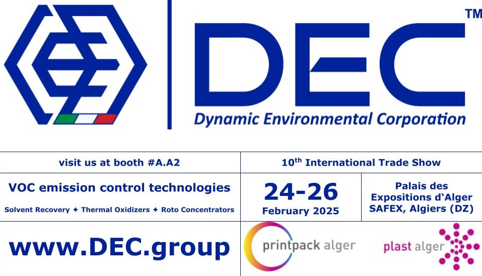 Printpack Algiers 2025, Plast Algiers 2025, Algiers, Algiersia, printing exhibition, packaging industry, VOC emission control, sustainable solutions, green printing, environmental technology, industrial air purification, VOC emission control, solvent recovery, thermal oxidation, rotary bed concentrators, industrial emission control, emission control technologies, sustainable environmental solutions, environmental control systems, air pollution control, industrial solvent recovery, environmental engineering solutions, emission reduction technology, sustainable industrial technology, activated carbon solvent recovery, inert gas solvent recovery, customized VOC emission control systems, environmental compliance, sustainable technology, industrial air pollution, activated carbon, nitrogen regeneration, air quality improvement, pollution control equipment, VOC abatement systems, DEC, Dynamic Environmental Corporation (DEC), DEC IMPIANTI, DEC HOLDING, DEC SERVICE, DEC ENGINEERING, DEC AUTOMATION, DEC LAB, DEC ANALYTICS, DEC Group