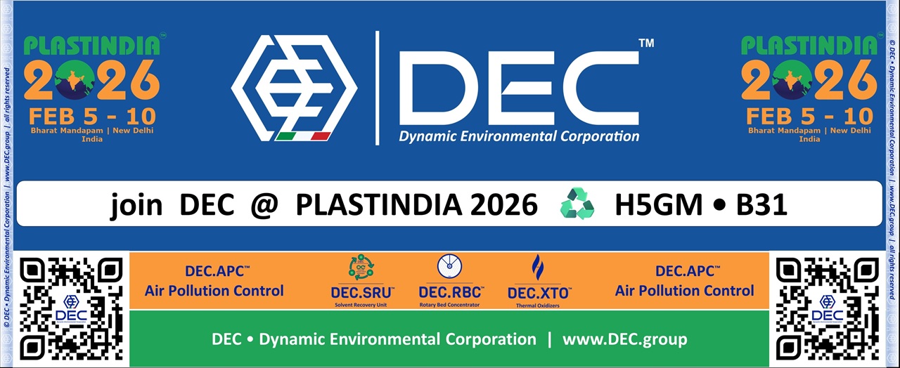 PLASTINDIA 2026, New Delhi, India, plastic, printing exhibition, packaging industry, VOC emission control, air pollution control, APC, sustainable solutions, green printing, environmental technology, industrial air purification, VOC emission control, solvent recovery, thermal oxidation, rotary bed concentrators, industrial emission control, emission control technologies, sustainable environmental solutions, environmental control systems, air pollution control, industrial solvent recovery, environmental engineering solutions, emission reduction technology, sustainable industrial technology, activated carbon solvent recovery, inert gas solvent recovery, customized VOC emission control systems, environmental compliance, sustainable technology, industrial air pollution, activated carbon, nitrogen regeneration, air quality improvement, pollution control equipment, EPC, Engineering, Procurement, Construction, impianti, VOC abatement systems, DEC, Dynamic Environmental Corporation (DEC), DEC IMPIANTI, DEC HOLDING, DEC SERVICE, DEC ENGINEERING, DEC AUTOMATION, DEC LAB, DEC ANALYTICS, DEC Group