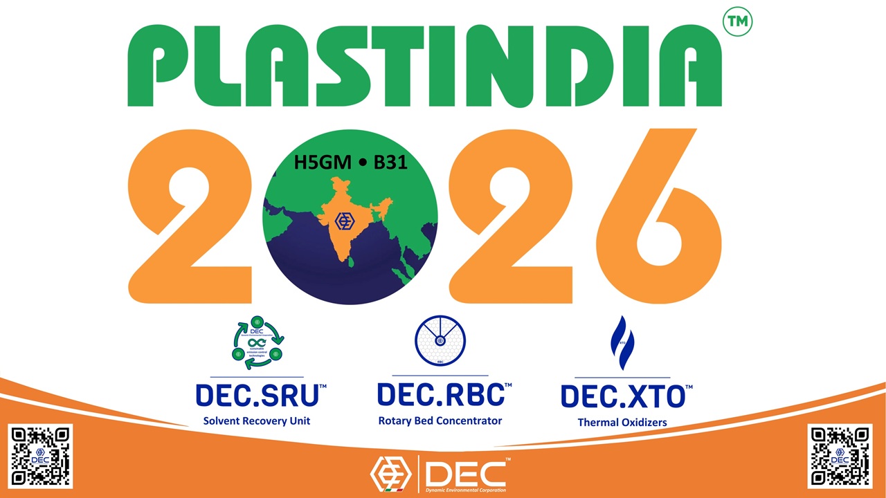 PLASTINDIA 2026, New Delhi, India, plastic, printing exhibition, packaging industry, VOC emission control, air pollution control, APC, sustainable solutions, green printing, environmental technology, industrial air purification, VOC emission control, solvent recovery, thermal oxidation, rotary bed concentrators, industrial emission control, emission control technologies, sustainable environmental solutions, environmental control systems, air pollution control, industrial solvent recovery, environmental engineering solutions, emission reduction technology, sustainable industrial technology, activated carbon solvent recovery, inert gas solvent recovery, customized VOC emission control systems, environmental compliance, sustainable technology, industrial air pollution, activated carbon, nitrogen regeneration, air quality improvement, pollution control equipment, EPC, Engineering, Procurement, Construction, impianti, VOC abatement systems, DEC, Dynamic Environmental Corporation (DEC), DEC IMPIANTI, DEC HOLDING, DEC SERVICE, DEC ENGINEERING, DEC AUTOMATION, DEC LAB, DEC ANALYTICS, DEC Group